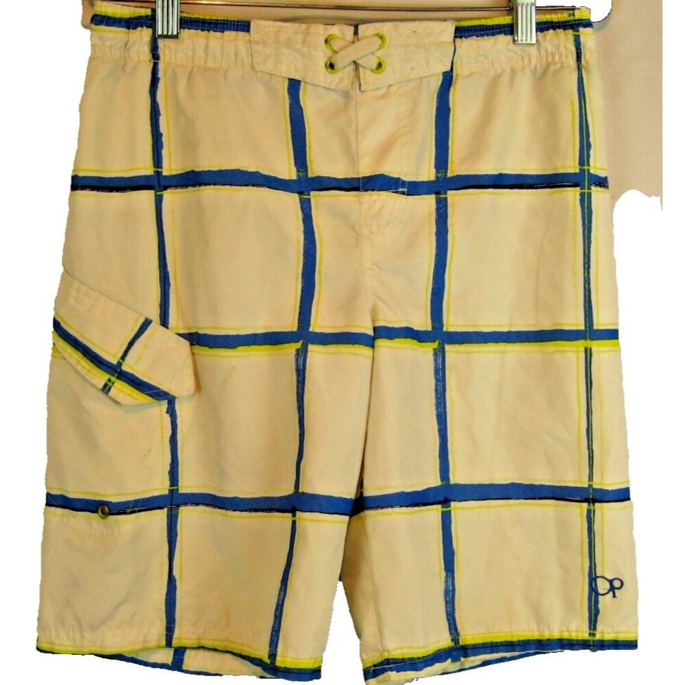 Boys Ocean Pacific OP Blue/White Check Board Swim Surf Shorts sz L(10-12) [28x9]